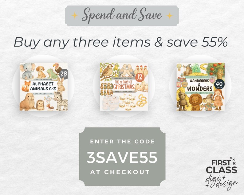 Op de afbeelding: Advertentie voor digitale producten, met drie voorbeelden: "Alphabet Animals A-Z", "The 12 Days of Christmas" en "Wanderers & Wonders". De tekst promoot een uitverkoop: "Koop drie items en bespaar 55%" met de code "3SAVE55" bij het afrekenen.