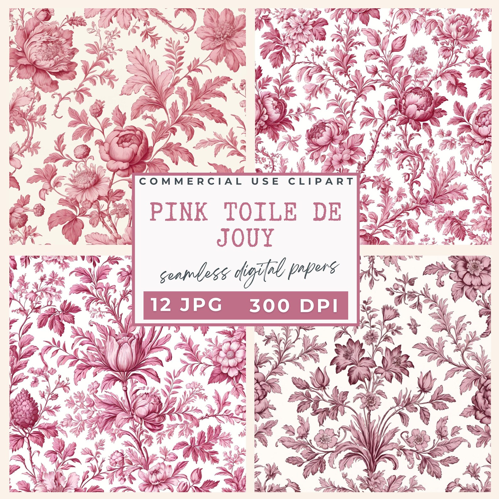Pink Floral Toile De Jouy Digital Papers, Vintage French Patterns ...