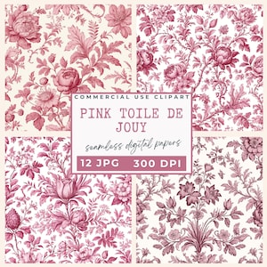 Rosa Blumen Toile de Jouy Digitale Papiere, Vintage Französische Muster, Shabby Chic Hintergründe, Romantischer Toile Print, Junk Journal, Scrapbooking