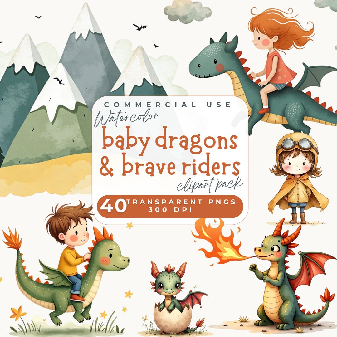 Dragon Rider Clipart, Watercolor Kids Riding Magical Dragons and ...