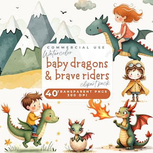 Drachenreiter Clipart, Aquarell Kinder reiten magische Drachen und Fantasy-Kreaturen PNG, Burgen, Kinderzimmer, Einladungen, Scrapbooking, Kartengestaltung