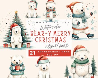 May include: A digital collection of watercolor polar bear illustrations featuring festive holiday themes. The bears wear red Santa hats, scarves, and sweaters, with some skating or holding mugs. Text reads: COMMERCIAL USE Watercolor BEAR-Y MERRY CHRISTMAS clipart pack 21 TRANSPARENT PNGS 300 DPI.