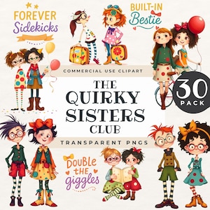 Clipart di sorelle eccentriche, PNG di ragazze stravaganti, illustrazioni di personaggi di libri di fiabe, raccolta di parole artistiche sulle sorelle, clipart di bambini giocosi, carta per diario di carta