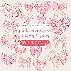 Chinoiserie Valentijnsdag clipart, roze aquarel vintage bloemen Valentijnsdag illustraties Chinoiserie harten en strikken Toile de Jouy, png PNGEgg