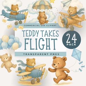 Aviator Bear Clipart Bundle, Flying Bear PNGs, Storybook Style Teddy Clip Art Hot Air Balloon Plane, Parachute Nursery  Baby Shower Graphics