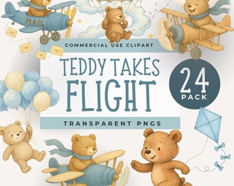 Aviator Bear Clipart Bundle, Flying Bear PNGs, Storybook Style Teddy Clip Art Hot Air Balloon Plane, Parachute Nursery  Baby Shower Graphics