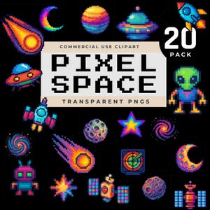 Pode incluir: Uma coleção digital de 20 gráficos em pixel art com tema espacial, incluindo planetas, estrelas, cometas, foguetes, OVNIs, satélites e alienígenas. O texto central diz COMMERCIAL USE CLIPART PIXEL SPACE TRANSPARENT PNGS 20 PACK.