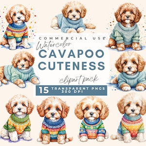 Cavapoo clipart, Dog Breed Clipart Watercolor Clip Art for Commercial Use Dog Portrait Transparent PNGs Cute Dog Clip Art Gift for Dog lover