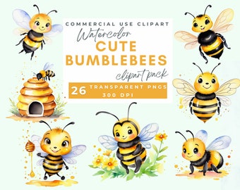 Cute Bee Watercolor Clipart, Bees Clip art, Cute Animals, Bee Art, Digital Download, Nursery Decor, Honey Clipart, Baby Shower, Commercial