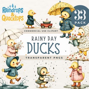 Pacote de clipart de pato para dia chuvoso, PNGs de patinhos fofos com guarda-chuvas, clipart de animais da primavera, patos em aquarela e arte de palavras para dias chuvosos com poças de água