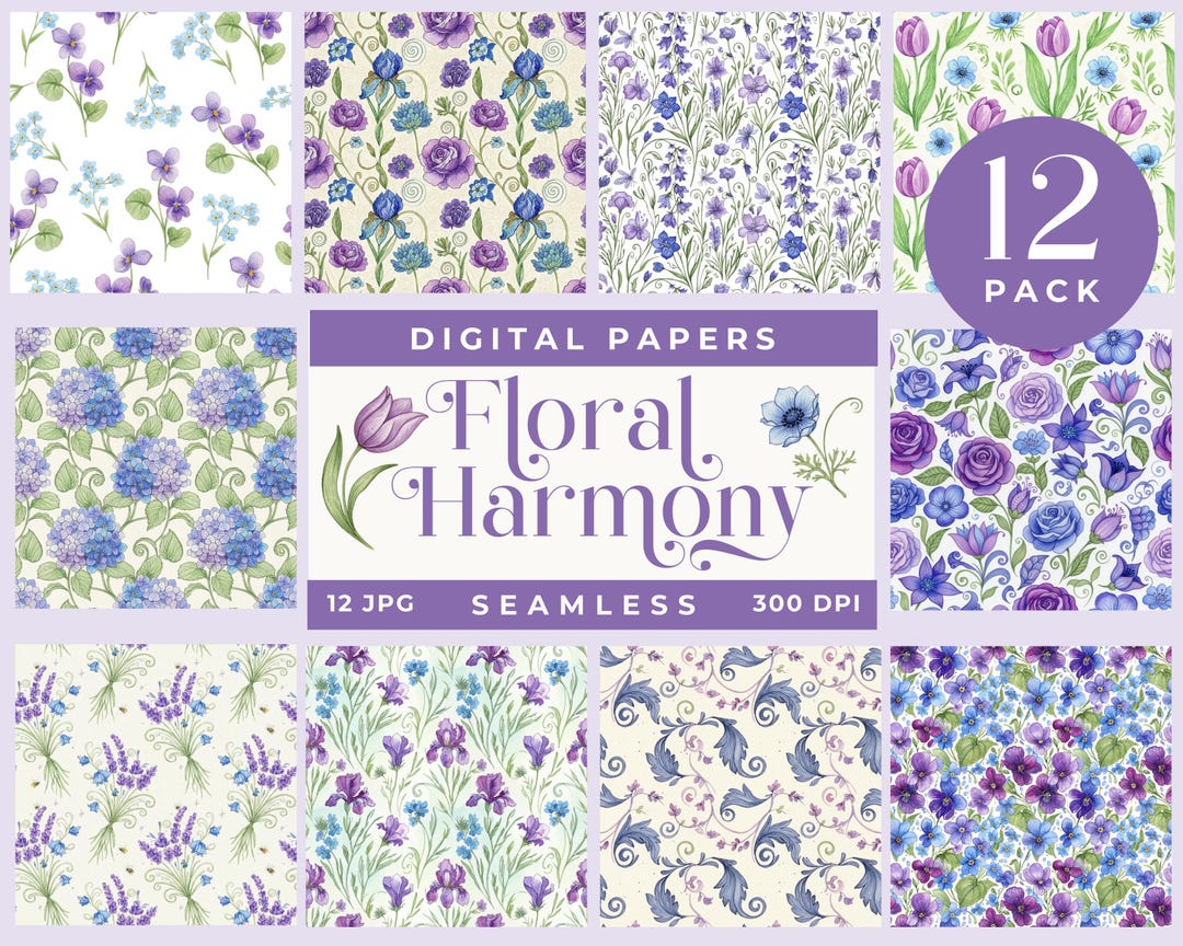 Floral Harmony Digital Paper Pack, Purple and Blue Flowers Seamless ...