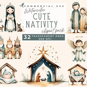 Clipart carino della natività Clipart carino della scena della natività Acquerello di Natale Illustrazione della nascita di Gesù Tre Re Maria Vergine Uso commerciale