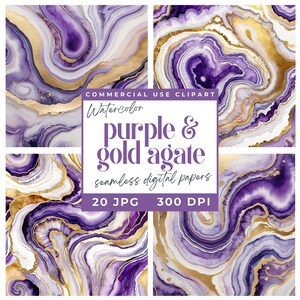 May include: A set of 20 digital papers featuring a seamless pattern of purple and gold agate. The papers are 300 DPI and perfect for commercial use.