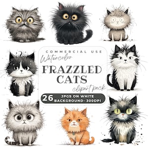 Frazzled cat clipart, Funny Quirky Cat Clipart, Cute Cat, Quirky Frazzled Cats, 26 High Quality JPG, Papercraft, Junk Journal, Digital Craft