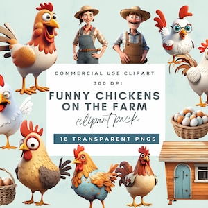 18 PNG Bilder von Cartoon Hühner, lustige Hühner, lustige Hennen, Bauernhof Tiere, Bauer Clipart, kommerzielle Nutzung