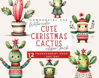 Christmas Cactus Clipart, Watercolor Cute Christmas Cactus Clipart, Festive Cactus Clip Art, Christmas cacti PNG, Junk Journal, Scrapbooking