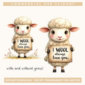 Süße Schaf Clipart mit Schild "I WOOL immer liebe dich" Liebe Schaf Illustration für Valentinstag oder Hochzeitseinladungen png jpg