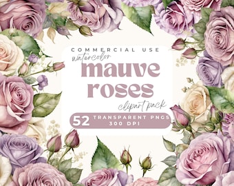 Mauve Roses Clipart purple mauve watercolor flowers clip art floral border PNG pink and purple rose wreath frame Wedding bouquet invitation