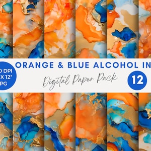 May include: A digital paper pack with 12 abstract designs featuring orange, blue, and gold alcohol ink. The designs are 12 inches by 12 inches and 300 DPI.