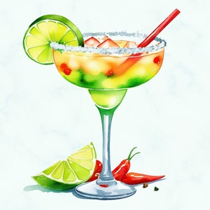 Spicy Margarita Clipart, Bar Cocktail Menu, Watercolor Cocktails, Drink Illustrations, Cocktail Glasses, Cocktail Sign Art, Digital Download