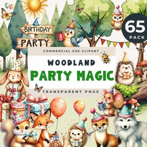 Clipart magique fête des bois, clipart fête d'anniversaire animaux de la forêt, créatures des bois aquarelles fantaisistes, faire-part d'anniversaire pour chambre d'enfant