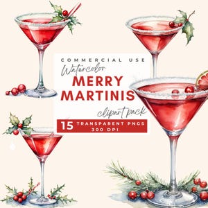 Clipart di Natale ad acquerello Martini, Cocktail Drink, martini per le feste, bevanda festiva PNG, Journaling, Scrapbook Supply, Download digitale