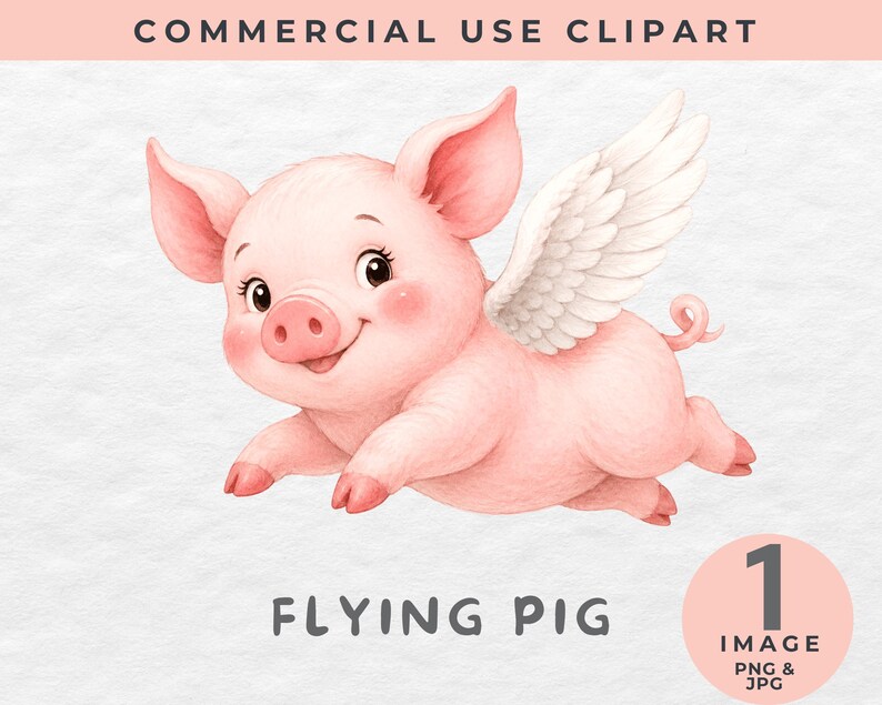 Imágenes prediseñadas de cerdos voladores, lindo cerdito con alas PNG, imágenes prediseñadas para uso comercial, animal de granja caprichoso, arte de cerdo para baby shower
