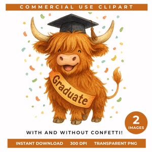 Niedliche Highland Kuh Graduierung Clipart, lustige PNG graduierte, Graduierung Tier Illustration Schottische Kuh Clip Art Klasse von 2025 Digitale Grafik