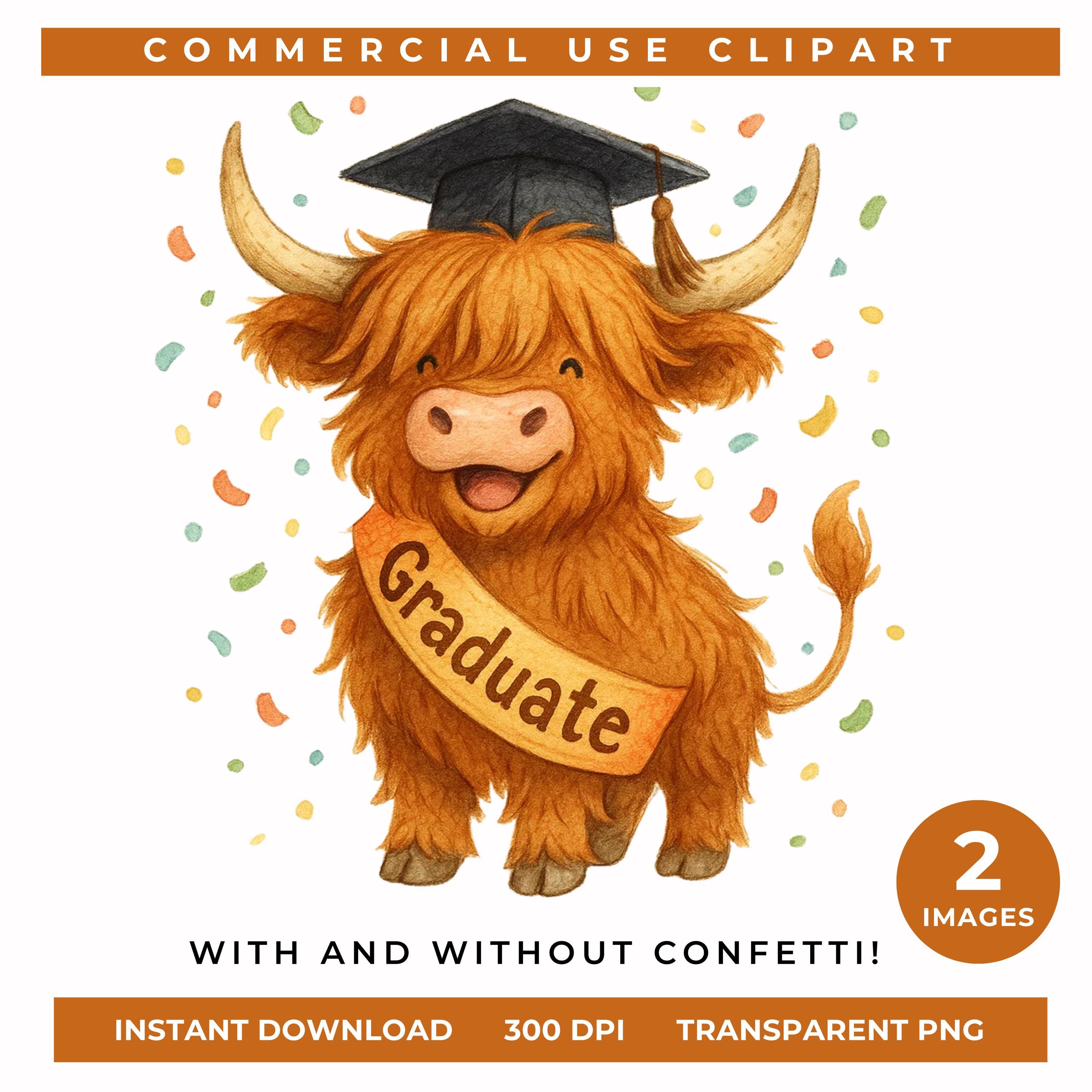 Cute Highland Cow Graduation Clipart, Funny Graduate PNG, Graduation ...