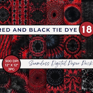 May include: A digital paper pack with 18 seamless patterns in red and black tie dye designs. The patterns are 12 inches by 12 inches and 300 DPI.