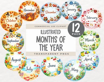 Months of the Year Watercolor Clipart, Illustrated Months of the Year, Calendar Month Clipart Set, Seasonal Month, Planner Classroom Decor