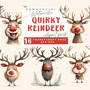 Eigenzinnige rendieren clipart, grappige dieren clipart grillige vakantie graphics Xmas PNG sublimatie illustraties Silly rendieren met rode neus graphics