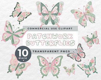 Patchwork Garden Butterflies Clipart Set, Pastel Butterfly Clip Art, Cottagecore Floral insects, Kids Decor, Planner Stickers, card making
