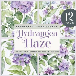 Pode incluir: Um conjunto de 12 papéis digitais com um padrão de aquarela de hortênsias roxas e folhas verdes sobre um fundo branco. O texto "Hydrangea Haze" é exibido em uma fonte roxa. O texto "12 JPG, USO COMERCIAL, 300 DPI" também é exibido.