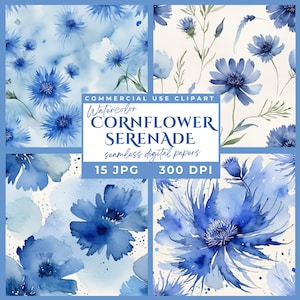 Cornflower Blue Digital Paper, Watercolor Floral Backgrounds, Seamless Blue Patterns, Junk Journal, Scrapbooking, Elegant Wedding Design