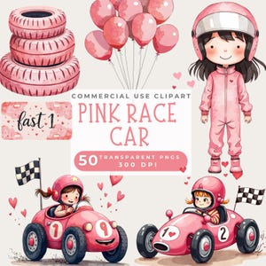 Roze raceauto clipart png, leuk meisjesfeest ontwerp, zachte aquarel illustraties geblokte vlaggen trofeeën, ballonnen, uitnodigingen en ambachten