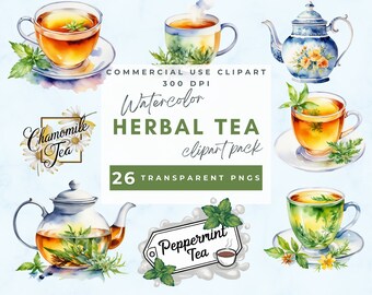 Watercolor Clipart Herbal tea, healthy tea clip art, wellbeing graphics, herbal medicine, printable graphics, herbal teacups  Commercial Use