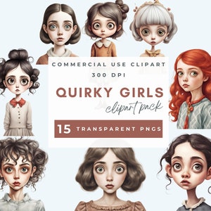 Whimsical quirky girl clipart, Junk Journal Girl, Scrapbook, Watercolor, Whimsy, Wall Art, Fashion, Commercial Use, Transparent PNG, 300 dpi