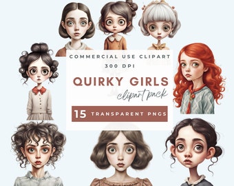Whimsical quirky girl clipart, Junk Journal Girl, Scrapbook, Watercolor, Whimsy, Wall Art, Fashion, Commercial Use, Transparent PNG, 300 dpi