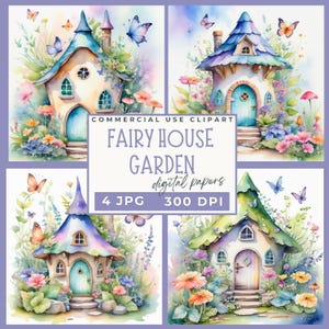 Fairy House Garden Clipart, 4 JPG digital paper Fairy Garden Clipart Watercolor Fairy House Printable, Paper Craft, Card Making Junk Journal