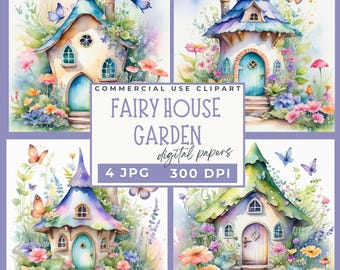 Fairy House Garden Clipart, 4 JPG digital paper Fairy Garden Clipart Watercolor Fairy House Printable, Paper Craft, Card Making Junk Journal
