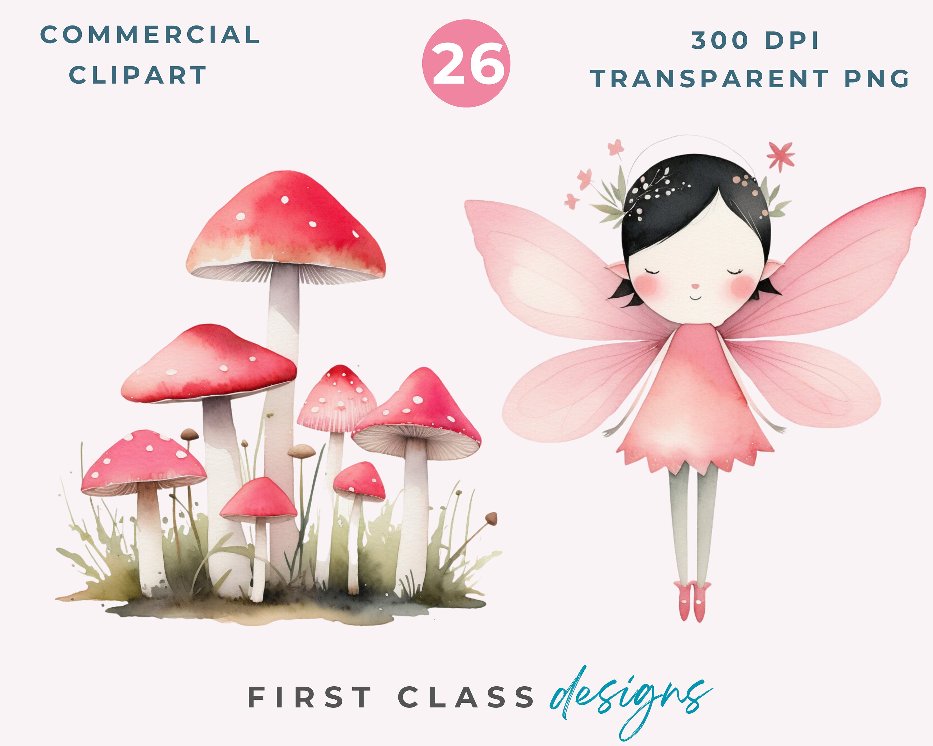 Pink Fairy Garden Clipart, Watercolor Fairy Garden Clipart Cute Fairy ...