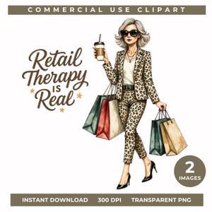 Middle Age Women Clipart, Fashion Lady PNG, Shopping Woman Clip Art, Leopard Print Outfit, Stylish Female Character, Retail Therapy Word Art