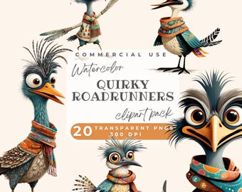 Clipart di Roadrunner stravagante, Clipart di Roadrunner divertente ad acquerello, Clipart di Roadrunner che corrono, Uccelli, Uccellino carino, Grafica PNG trasparente