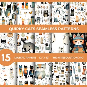 Papel digital con gatos extravagantes, fondo sin costuras con gatos, patrón de gatos lindos, fondo para amantes de los gatos, diseño de fondo digital con gatos repetidos JPG