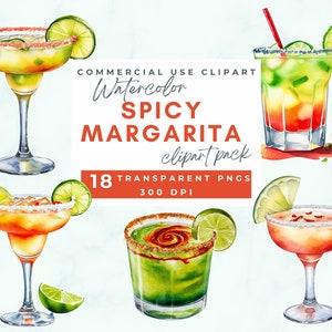 Spicy Margarita Clipart, Watercolor Cocktails, Drink Illustrations, Bar Cocktail Menu, Cocktail Glasses, Digital Download, Cocktail Sign Art