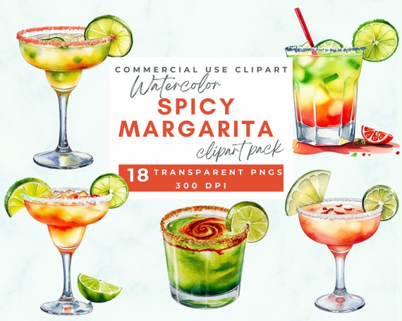 Spicy Margarita Clipart, Watercolor Cocktails, Drink Illustrations, Bar Cocktail Menu, Cocktail Glasses, Digital Download, Cocktail Sign Art