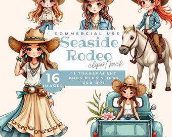 Kust cowgirl clipart, kust rodeo clipart, schattige Boho western graphics strand cowgirl cartoon afbeelding, vrijgezellenfeest uitnodigen vrijgezellenfeest