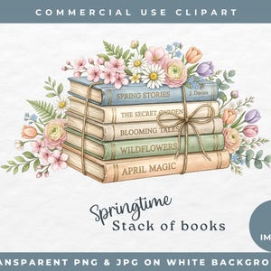 Może przedstawiać: Stos pięciu książek związanych sznurkiem, ozdobiony akwarelowymi kwiatami i zielenią. Tytuły książek to "Spring Stories", "The Secret Garden", "Blooming Tales", "Wildflowers" i "April Magic". Obrazek ma tekst "Springtime Stack of books."