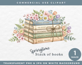 Stack Of Books With Bow Clipart, Spring Bookish Clipart, Floral Book Stack PNG, Book Lover Clipart, Reading Graphic